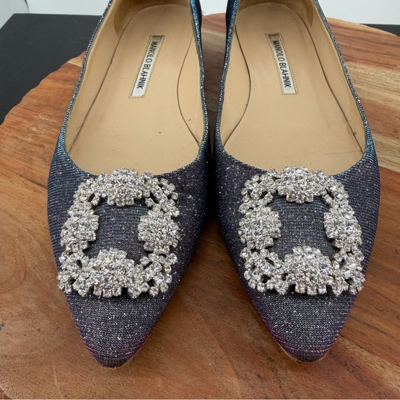 Manolo Blahnik Hangisi Flat blue glitter FMC ballerina 37.5 7.5 - Picture 11 of 13